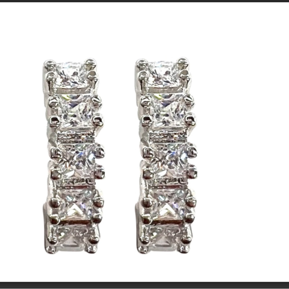 E65. Silver Overlay Hoop Huggie Square Cut Earrings Made w/Swarovski Elements